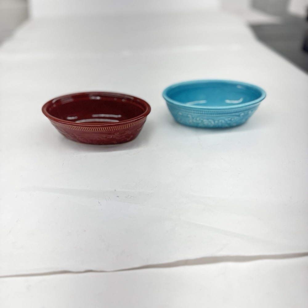 VINTAGE OVEN SERVE WARE USA FLORAL Rose EMBOSSED Blue & Brown (2 ) 6" Oval